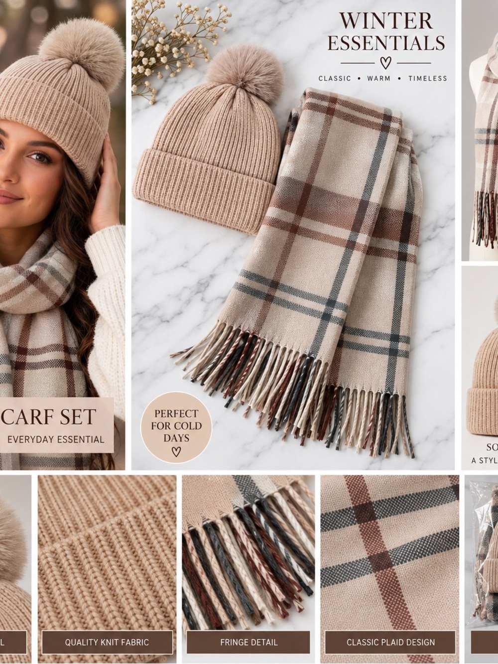 Steve Madden Beige Plaid Scarf and Pom Beanie Set